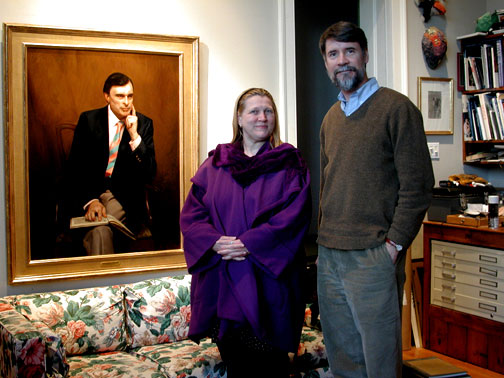 Daphne Stevens and artist Evan Wilson, portrait of Denis Stevens